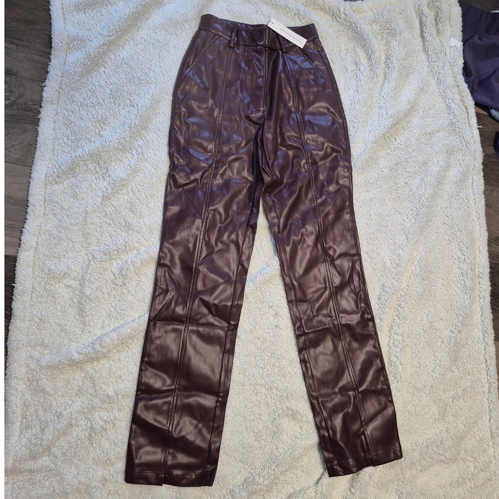 STEELE Burgundy Faux Leather Straight Leg Seam Front Pants XS New